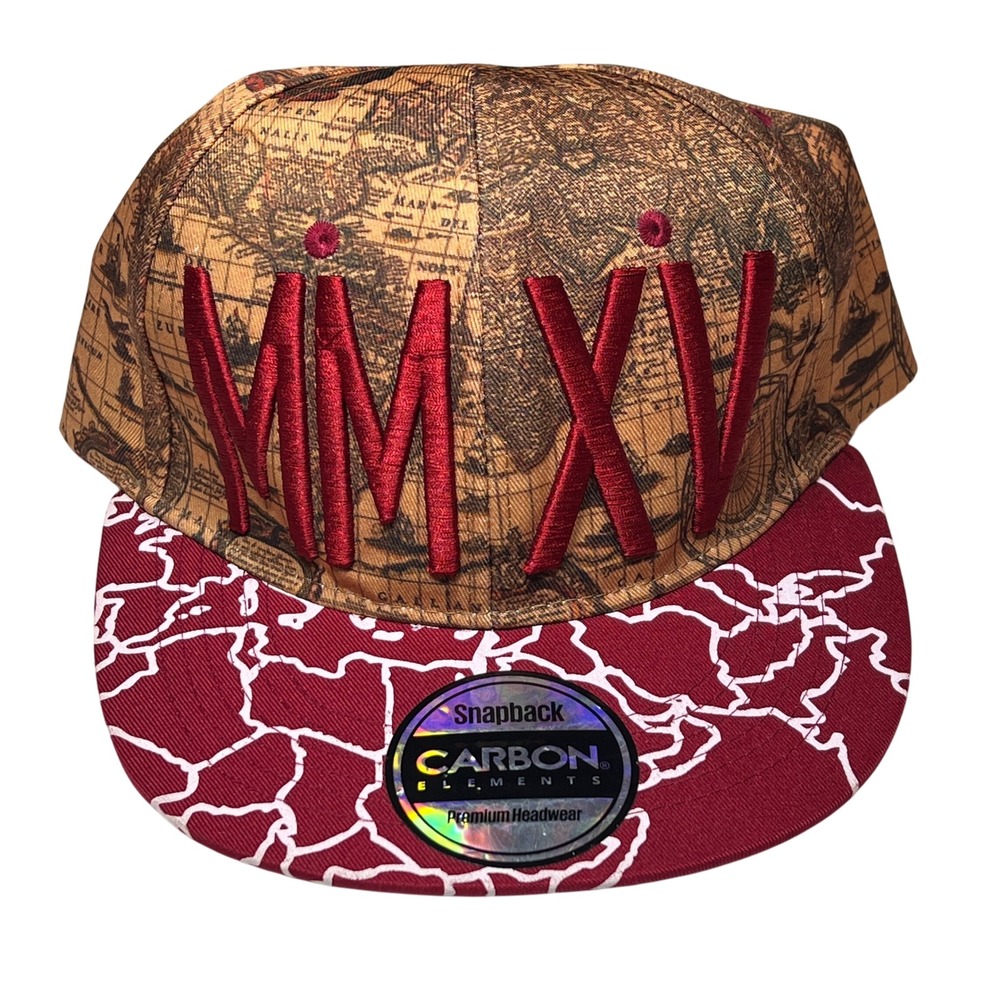 Carbon Elements 2015 MMXV Roman Numeral Snapback Hat Vintage Map Design Red Brim